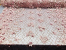 3D Floral Design - Dusty Rose - Embroidered 3D Flowers on Triangle Net Mesh Sold By The Yard