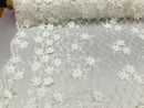 3D Floral Design - White - Embroidered 3D Flowers on Triangle Net Mesh Sold By The Yard