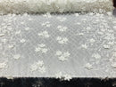 3D Floral Design - White - Embroidered 3D Flowers on Triangle Net Mesh Sold By The Yard