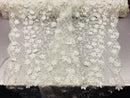 3D Floral Design - White - Embroidered 3D Flowers on Triangle Net Mesh Sold By The Yard