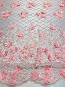 3D Floral Design - Pink - Embroidered 3D Flowers on Triangle Net Mesh Sold By The Yard