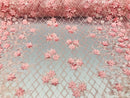 3D Floral Design - Pink - Embroidered 3D Flowers on Triangle Net Mesh Sold By The Yard