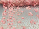 3D Floral Design - Pink - Embroidered 3D Flowers on Triangle Net Mesh Sold By The Yard