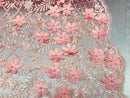 3D Floral Design - Pink - Embroidered 3D Flowers on Triangle Net Mesh Sold By The Yard