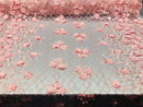 3D Floral Design - Pink - Embroidered 3D Flowers on Triangle Net Mesh Sold By The Yard