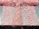 3D Floral Design - Pink - Embroidered 3D Flowers on Triangle Net Mesh Sold By The Yard