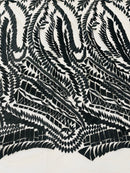 Leaf Pattern Fancy Lace Fabric - Black - Embroidered Design on Lace Mesh By Yard