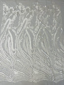 Leaf Pattern Fancy Lace Fabric - White - Embroidered Design on Lace Mesh By Yard