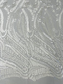 Leaf Pattern Fancy Lace Fabric - White - Embroidered Design on Lace Mesh By Yard