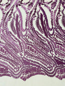 Leaf Pattern Fancy Lace Fabric - Purple - Embroidered Design on Lace Mesh By Yard