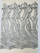 Leaf Pattern Fancy Lace Fabric - Silver - Embroidered Design on Lace Mesh By Yard