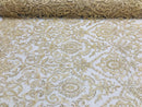 Champagne Beaded Fabric 3D Damask Design Embroidered 3D Pattern Design Fabric on Mesh By The Yard