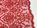 Red Beaded Fabric 3D Damask Design Embroidered 3D Pattern Design Fabric on Mesh Sold By The Yard