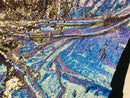 Two Tone Reversible - Iridescent Baby Blue / Gold - 2 Way Stretch Shiny Sequins Fabric By The Yard