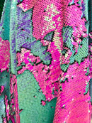Two Tone Reversible - Hot Pink/Baby Blue 2 Way Stretch Iridescent Shiny Sequins Fabric By The Yard