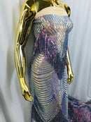 Fringe Sequins - Iridescent Blue - Dangle 4 Way Stretch Fancy Sequins Fabric Sold By The Yard