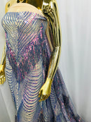 Fringe Sequins - Iridescent Blue - Dangle 4 Way Stretch Fancy Sequins Fabric Sold By The Yard
