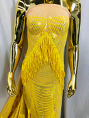 Fringe Sequins - Yellow - Dangle 4 Way Stretch Fancy Sequins Fabric Sold By The Yard