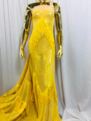 Fringe Sequins - Yellow - Dangle 4 Way Stretch Fancy Sequins Fabric Sold By The Yard