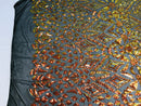 Shiny Pattern Sequins - Orange / Black Mesh - 4 Way Stretch Multi Pattern Net Design Fabric