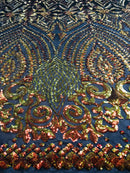 Shiny Pattern Sequins - Iridescent Aqua - 4 Way Stretch Multi Pattern Net Design Fashion Fabric