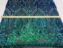Shiny Pattern Sequins - Jade Blue / Green - 4 Way Stretch Multi Pattern Net Design Fabric