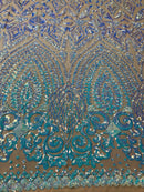 Shiny Pattern Sequins - Iridescent Aqua - 4 Way Stretch Multi Pattern Net Design Fashion Fabric