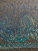 Shiny Pattern Sequins - Iridescent Aqua - 4 Way Stretch Multi Pattern Net Design Fashion Fabric