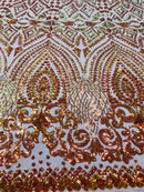 Shiny Pattern Sequins - Iridescent Orange / Nude Mesh 4 Way Stretch Multi Pattern Net Design Fabric