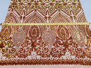 Shiny Pattern Sequins - Iridescent Orange / Nude Mesh 4 Way Stretch Multi Pattern Net Design Fabric