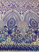 Shiny Pattern Sequins - Iridescent Lilac - 4 Way Stretch Multi Pattern Net Design Fashion Fabric