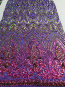 Shiny Pattern Sequins - Iridescent Purple / Gold Mesh 4 Way Stretch Multi Pattern Net Design Fabric