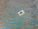 Wavy Line Sequins - Aqua - 4 Way Stretch Iridescent Pattern with Net Design Fashion Fabric