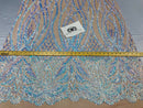 Wavy Line Sequins - Aqua - 4 Way Stretch Iridescent Pattern with Net Design Fashion Fabric