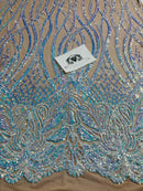 Wavy Line Sequins - Aqua - 4 Way Stretch Iridescent Pattern with Net Design Fashion Fabric