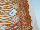 Wavy Line Sequins - Orange / Nude - 4 Way Stretch Iridescent Pattern with Net Design Fashion Fabric