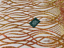Wavy Line Sequins - Orange / Nude - 4 Way Stretch Iridescent Pattern with Net Design Fashion Fabric