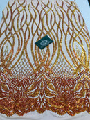 Wavy Line Sequins - Orange / Nude - 4 Way Stretch Iridescent Pattern with Net Design Fashion Fabric
