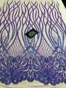 Wavy Line Sequins - Lilac - 4 Way Stretch Iridescent Pattern with Net Design Fashion Fabric