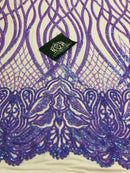 Wavy Line Sequins - Lilac - 4 Way Stretch Iridescent Pattern with Net Design Fashion Fabric