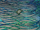 Wavy Line Sequins - Jade Green / Blue- 4 Way Stretch Iridescent Pattern with Net Design Fabric