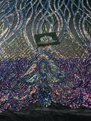 Wavy Line Sequins - Rainbow - 4 Way Stretch Iridescent Pattern with Net Design Fashion Fabric