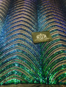 Sequins in Lines - Jade Green / Blue - Iridescent 4 Way Stretch Two Tone Color Design Sequins Fabric