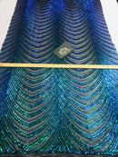 Sequins in Lines - Jade Green / Blue - Iridescent 4 Way Stretch Two Tone Color Design Sequins Fabric
