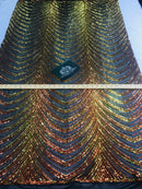 Sequins in Lines - Orange / Black Mesh - Iridescent 4 Way Stretch Two Tone  Design Sequins Fabric