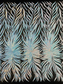 Angel Wing Sequin Design - Iridescent Aqua - Wing Patterns Embroidered with Sequins on Black Mesh By Yard