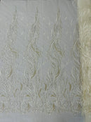 Fire Flame Bead Design - Ivory - Embroidered Fire Flame Design Fabric with Beads by Yard