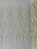 Sea Plant Design Fabric - Ivory - Beaded Embroidered Sea Plant Design Fabric by Yard