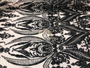 Black - Sequins 4 Way Stretch Fabric Embroidered On Mesh Sold By The Yard