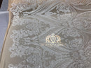 Big Damask Sequins Fabric - White on Nude Mesh - 4 Way Stretch Damask Sequins Design Fabric By Yard